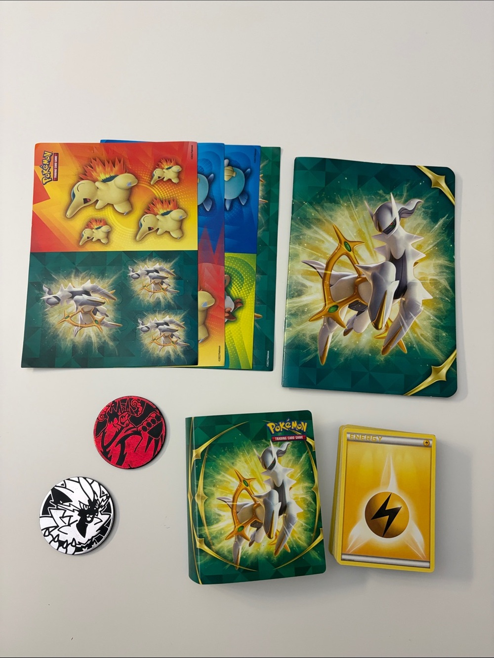 Pokemon Arceus Collectible Set Binder, Stickers, Coins, & 65 Energy Cards Lot